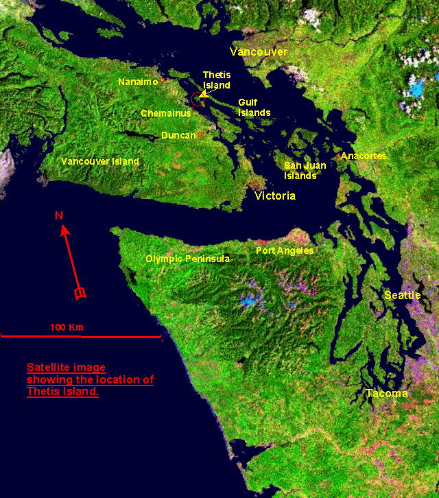 satellite image showing location of Thetis in the Gulf of Georgia.